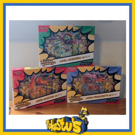 Ascended Heroes, Mega Feraligatr, Meganium and Emboar Ex Boxes.