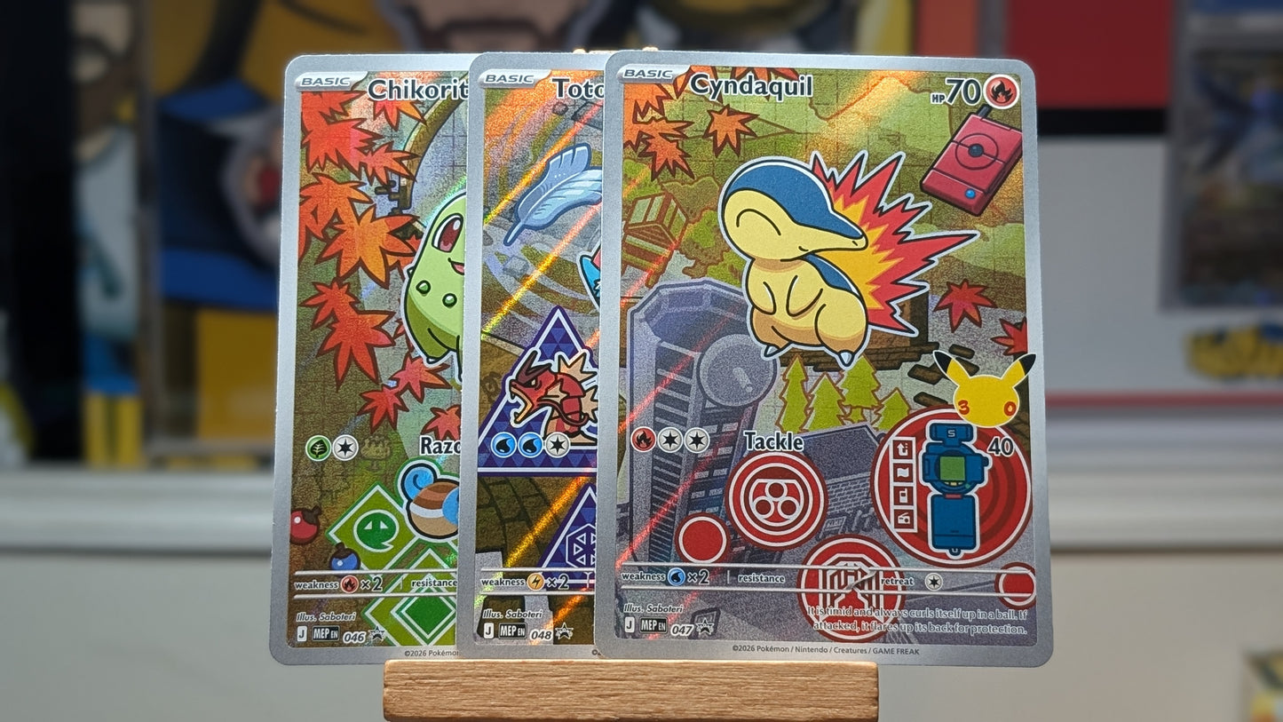 First Partner Illustration Collection - Series 2 - Chikorita, Cyndaquil & Totodile.